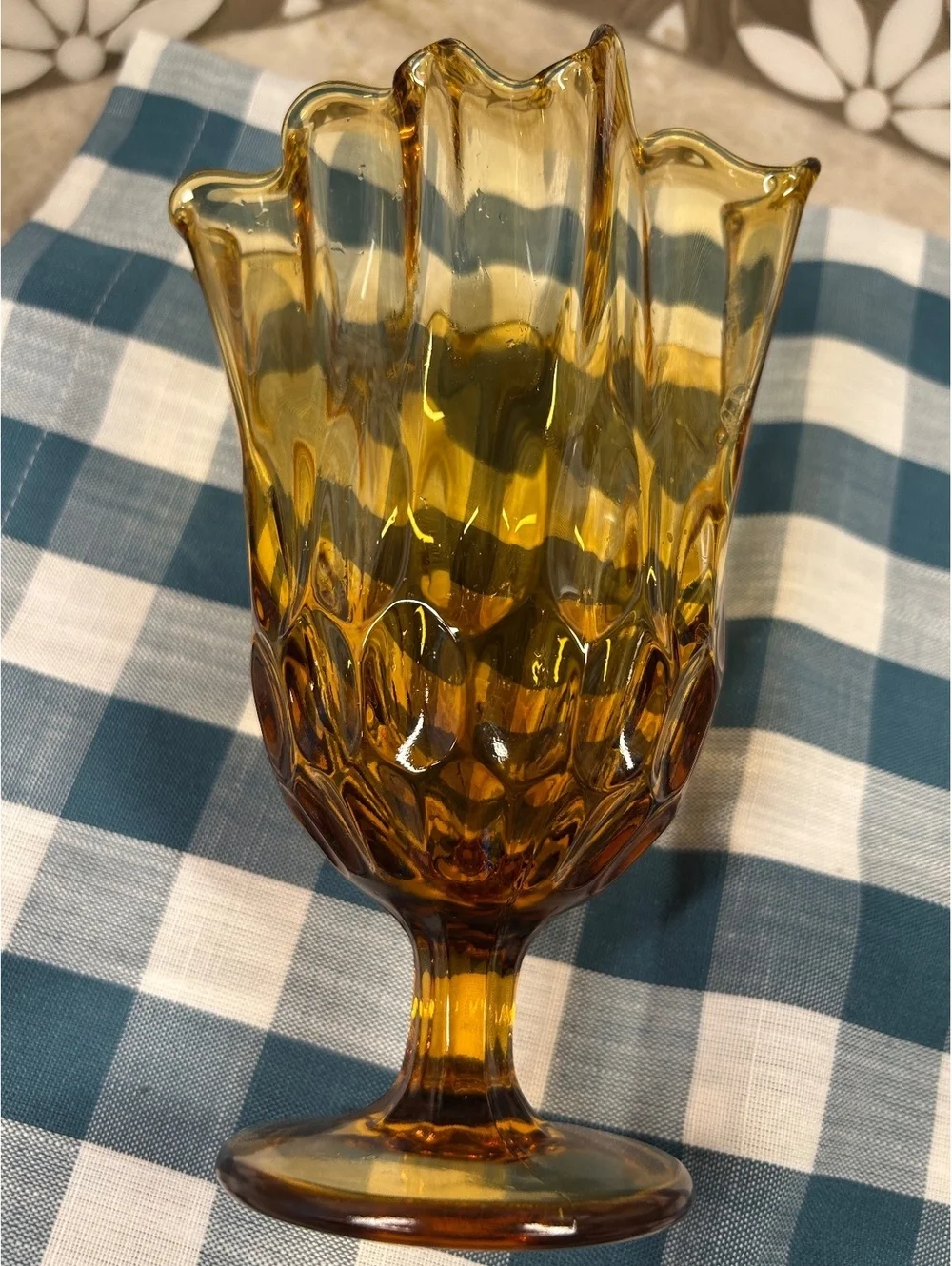 Vintage Fenton Art Glass Amber Thumbprint Handkerchief Swung Pedestal Vase 9